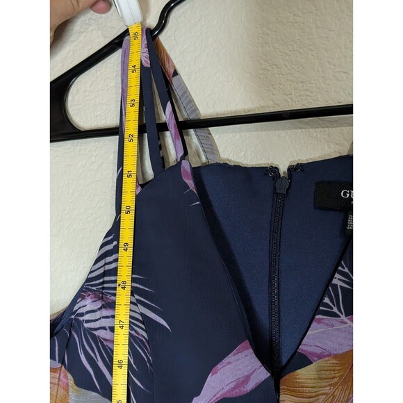 GUESS Dress 4 Tropical Print Chiffon High-Low Maxi Strappy Keyhole Navy Blue - Picture 13 of 13